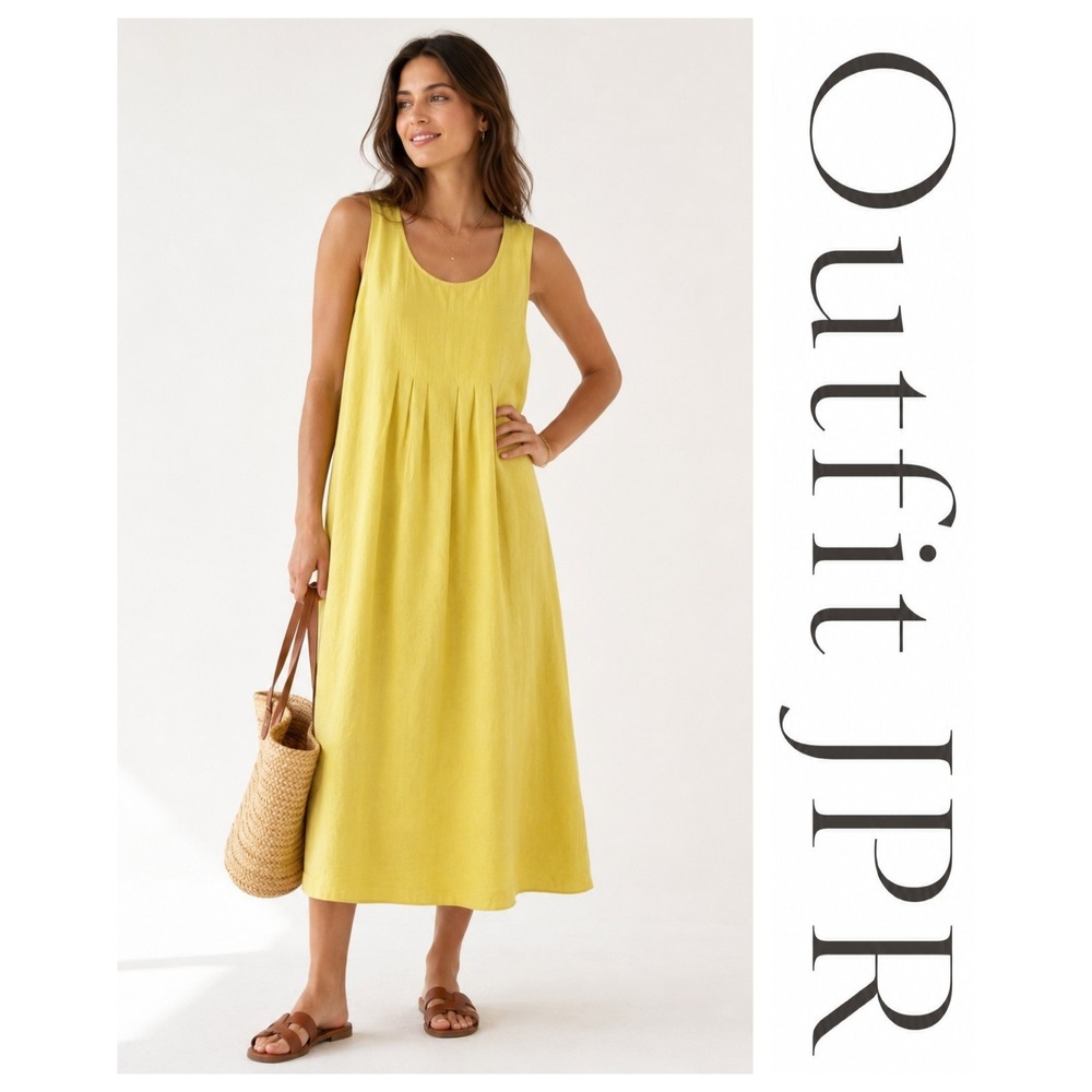 Outfit JPR Chartreuse Yellow 100% Linen Pleated Sleeveless Maxi Dress M